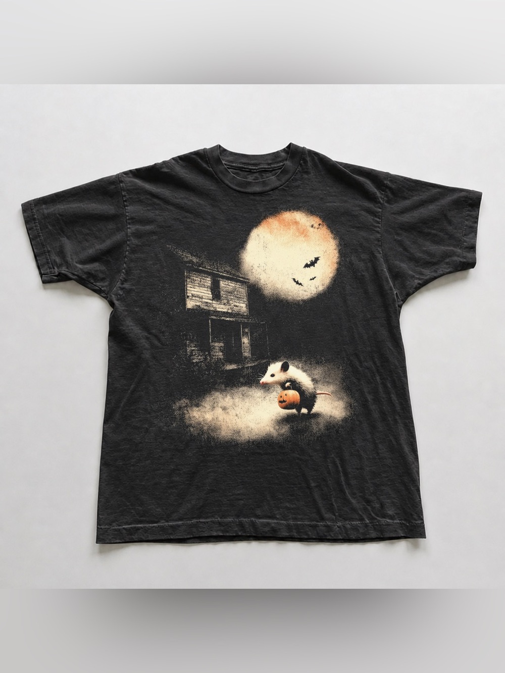Black Halloween Opossum Graphic Tee with Orange Pumpkin